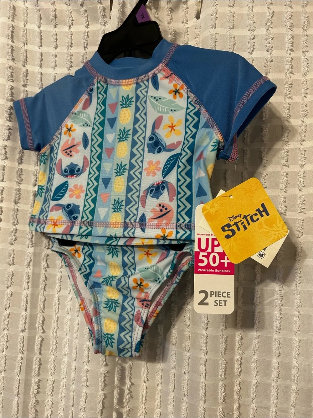 Disney Stitch Baby Girls 2PC Rash Guard Swimsuit Set Blue UPF 50+ 12M NEW